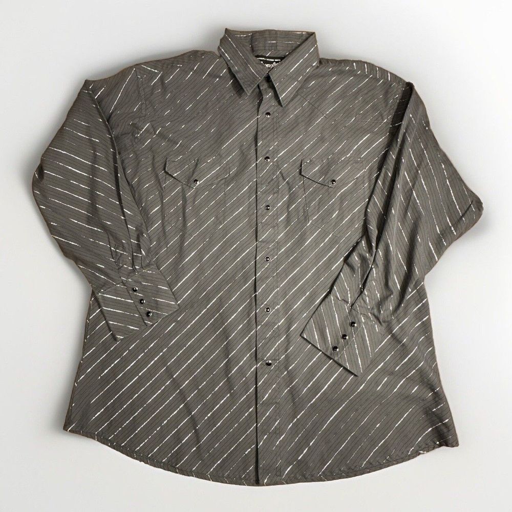Vtg Wrangler Western Gray Metallic Silver Striped Snap‎ Dress Shirt Men's XL